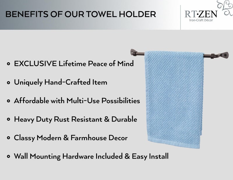 RTZEN Matte Black Hand Towel Holder for Bathroom - Handcrafted Farmhouse Wrought Iron Metal Kitchen Bar - Small Hand Towel Bar Hanger for Home or Office - Wall Mounted Rack Fits 10" Towels - Image 2